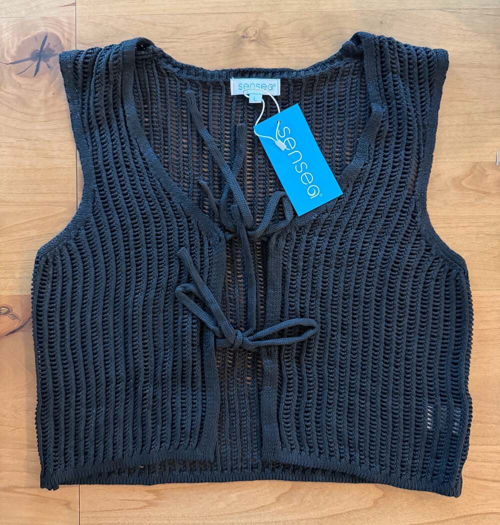 Sensea Black Crochet Tie-Front Knit Vest Size L